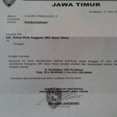 Sekretariat Pengprov IMI Jawa Timur Pindah Alamat